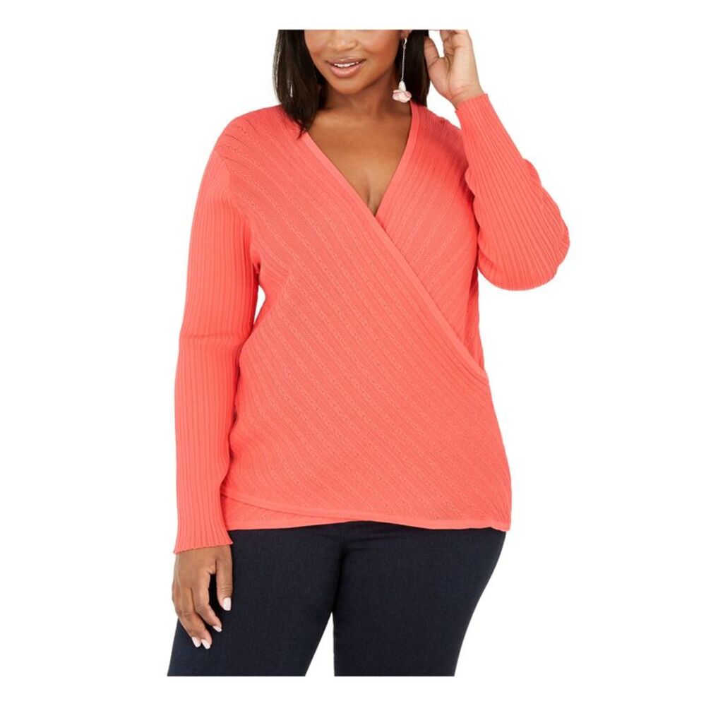 INC Womens Orange Ribbed Long Sleeve Surplice Neckline Sweater Plus 3X